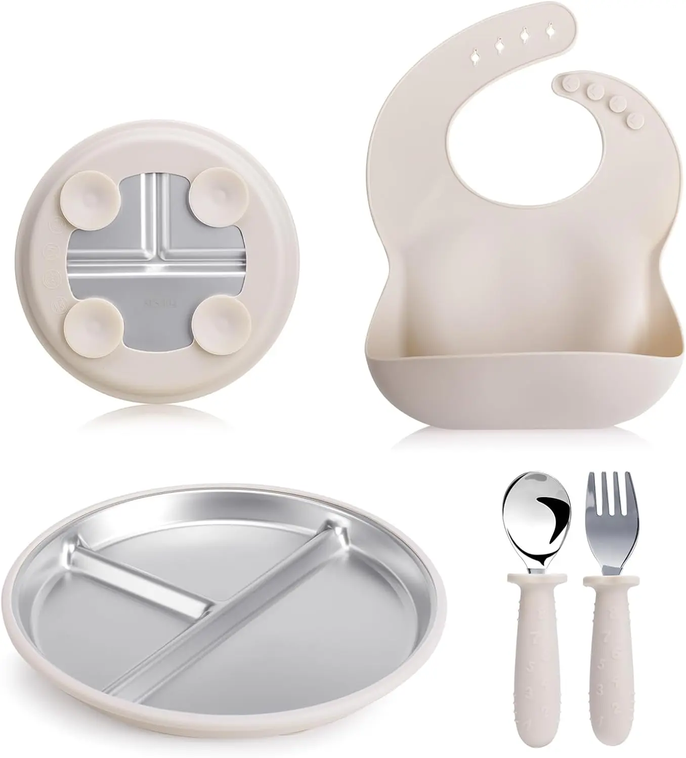 Stainless Steel Toddler Plate & Spoon Set with Silicone Bib – 9” Divided Kids Plate with Suction Base, BPA Free Non-Toxic Baby Feeding Set, Non-Slip, Dishwasher Safe, Unbreakable Baby Plates for Self Feeding
