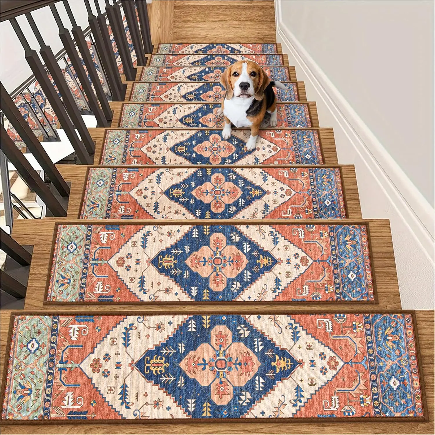 Stair Treads Non Slip 15 Pack 8" X 30" Stair Treads for Wooden Steps, Washable Self Adhesive Stair Runners Stain Resistant Stair Carpet, Edging Stair Rug for , Elders and Dogs (15pc, Rust)
