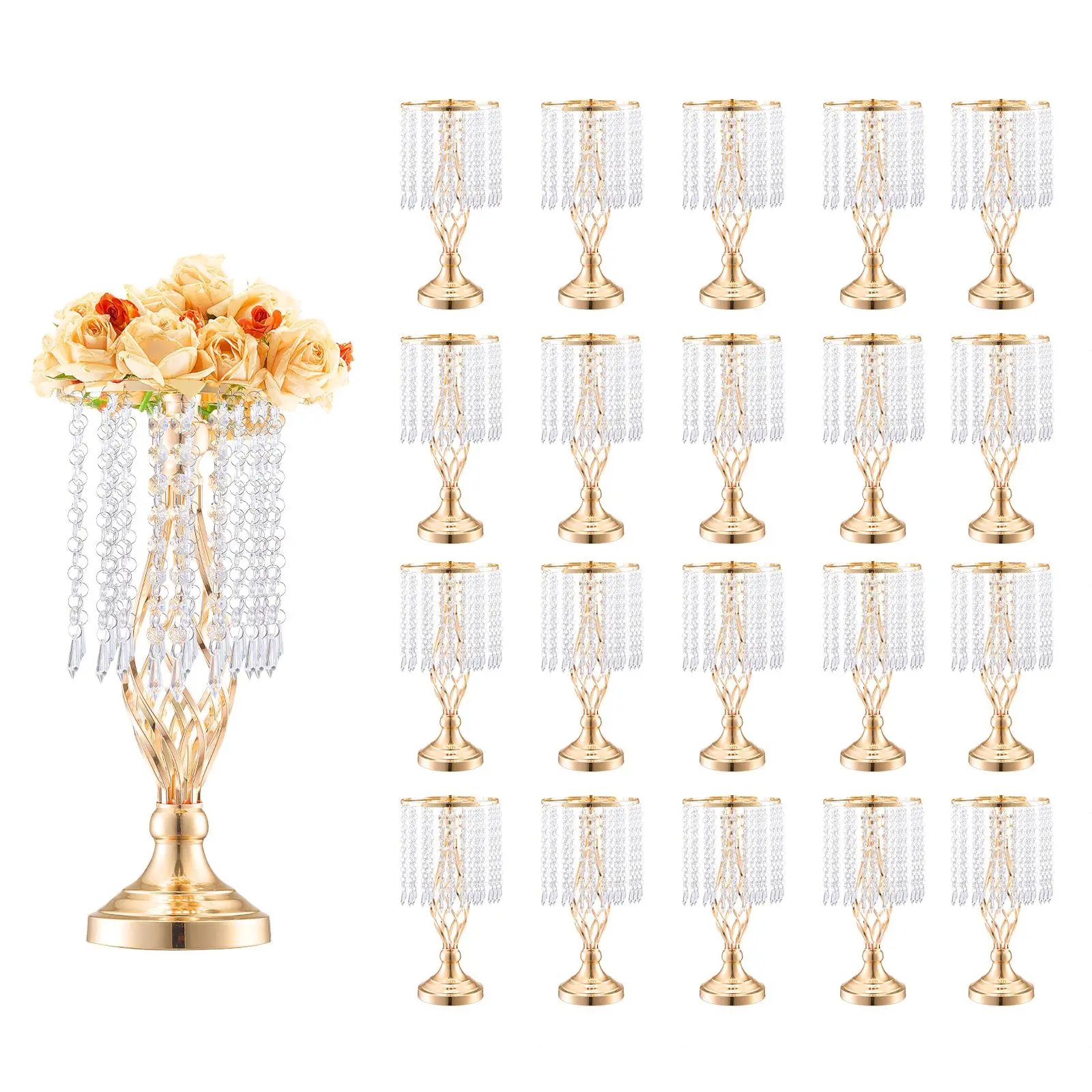 【summerfinds】VEVOR 20PCS 43cm/16.9” Tall Crystal Wedding Flower Stand, Metal Wedding Centerpiece Vase, Gold Flower Holders Floral Display Rack for Tables Wedding Dinner Party, Ceremony Birthday Event Decor