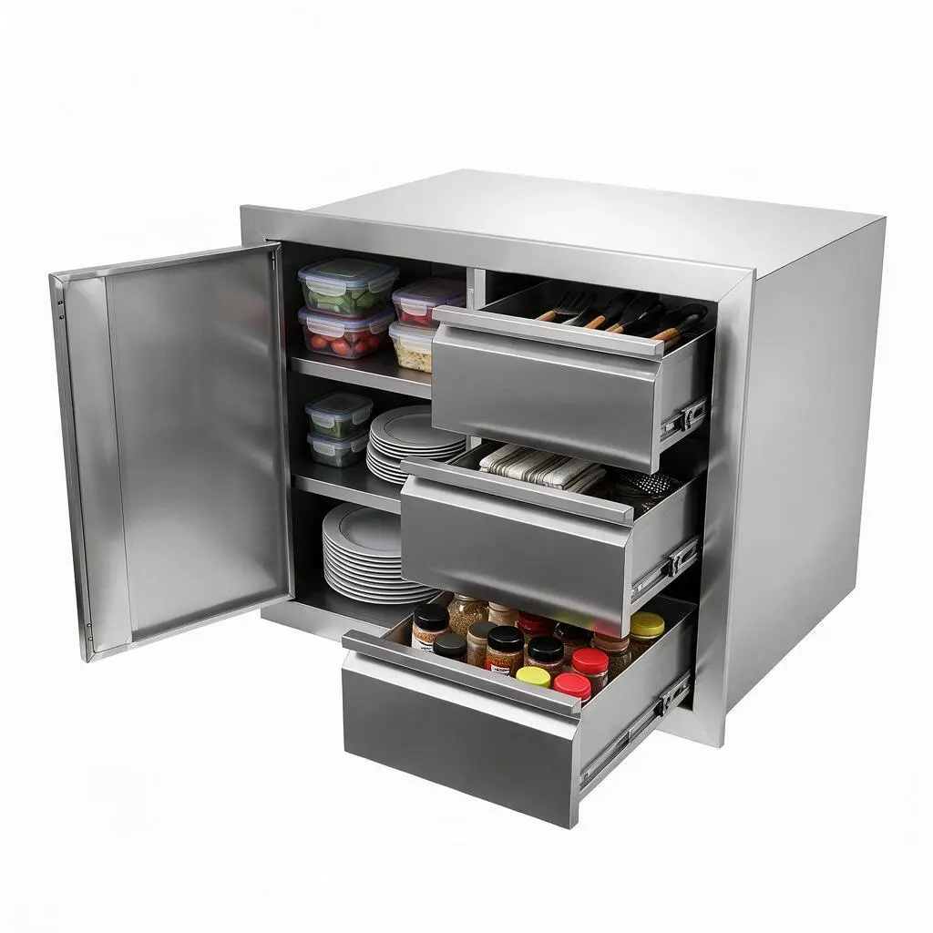 Outdoor Kitchen Drawer Combo Cabinet Stainless Steel Triple Drawers & Access Doors, 28" W x 22" H x 19.1" D, Built-in BBQ Island Cabinet for Outdoor Grill Station (Drawer and Left Door Combo)