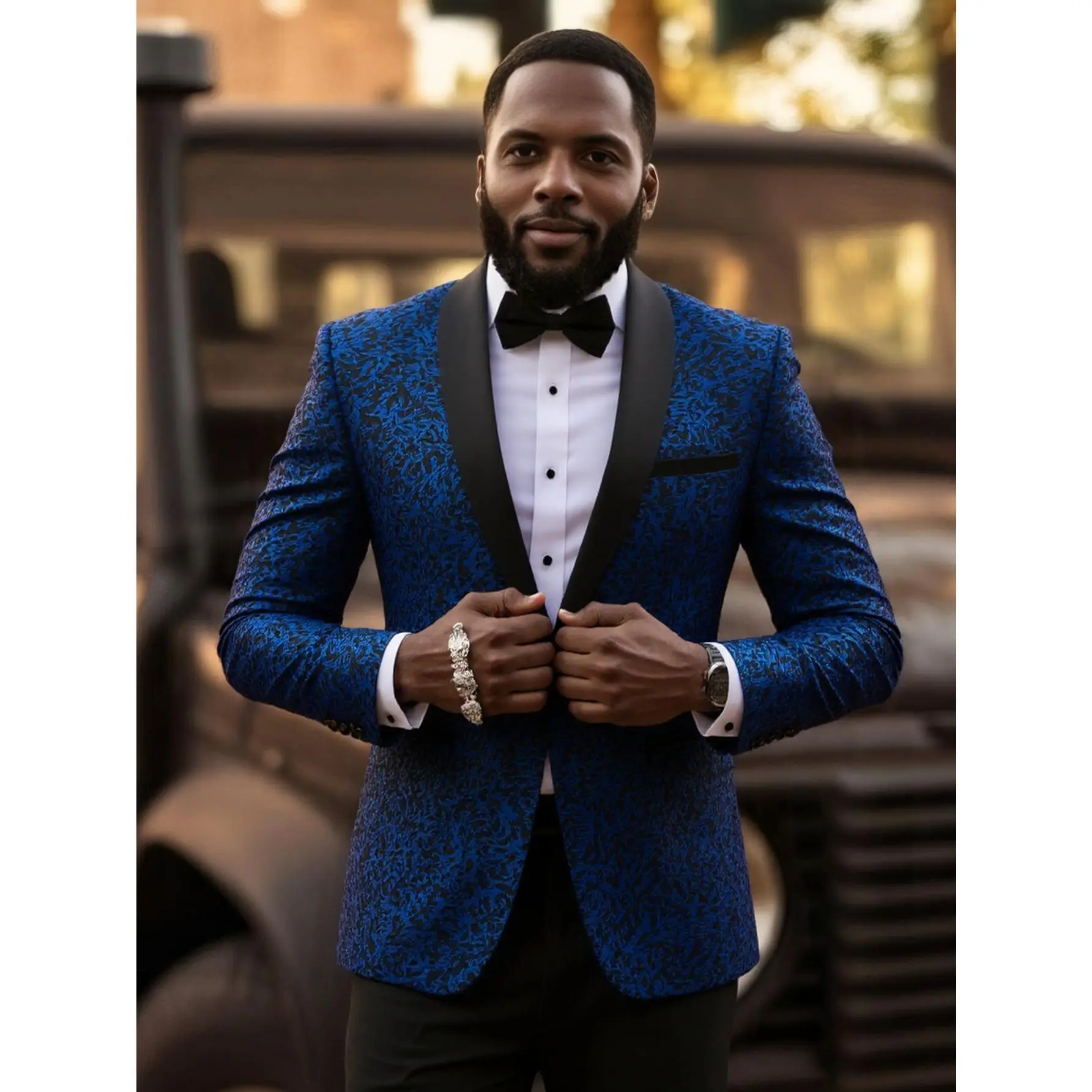 Men's Floral Jacquard Tuxedo Blazer, Formal Fitted Shawl Collar Suit Jacket in Wrinkle-Resistant Viscose Blend for Party, Wedding, Buttons, Pockets