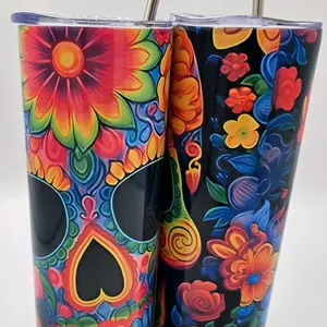 20 oz Neon Sugar Skull Skinny Tumbler, 20 oz Skull Tumbler, 20 oz Skinny Tumbler, Sugar Skull tumbler, neon skeleton tumbler,