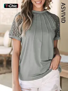 Women's Casual Solid-color Soft T-shirt Top with Round Neck Seamed Detail and Contrast Lace Raglan Sleeves Tee