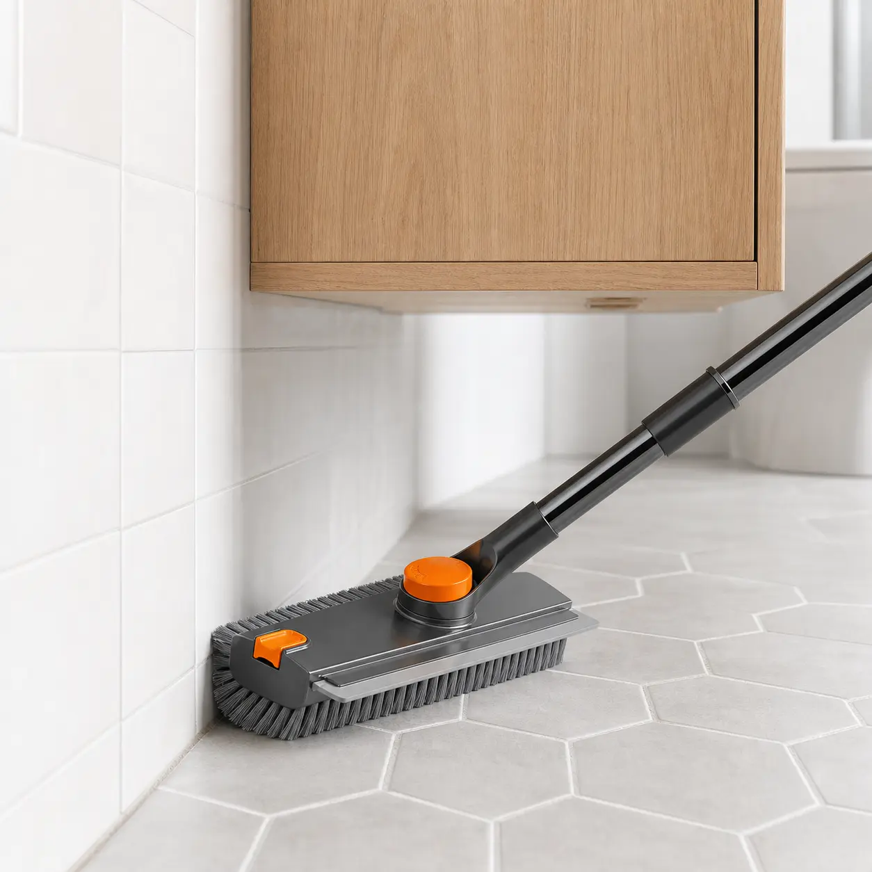 3-in-1 Squeegee Broom with Long Handle, Adjustable Stainless Steel Pole for Adjustable Sweeping Height, Heavy-Duty Home Cleaning Products, Ideal for Bathroom Tile & Grout Cleaning