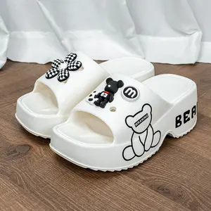 New Plaid Flower Bear Thick-Soled Wedge Heel Women's Sandals E19