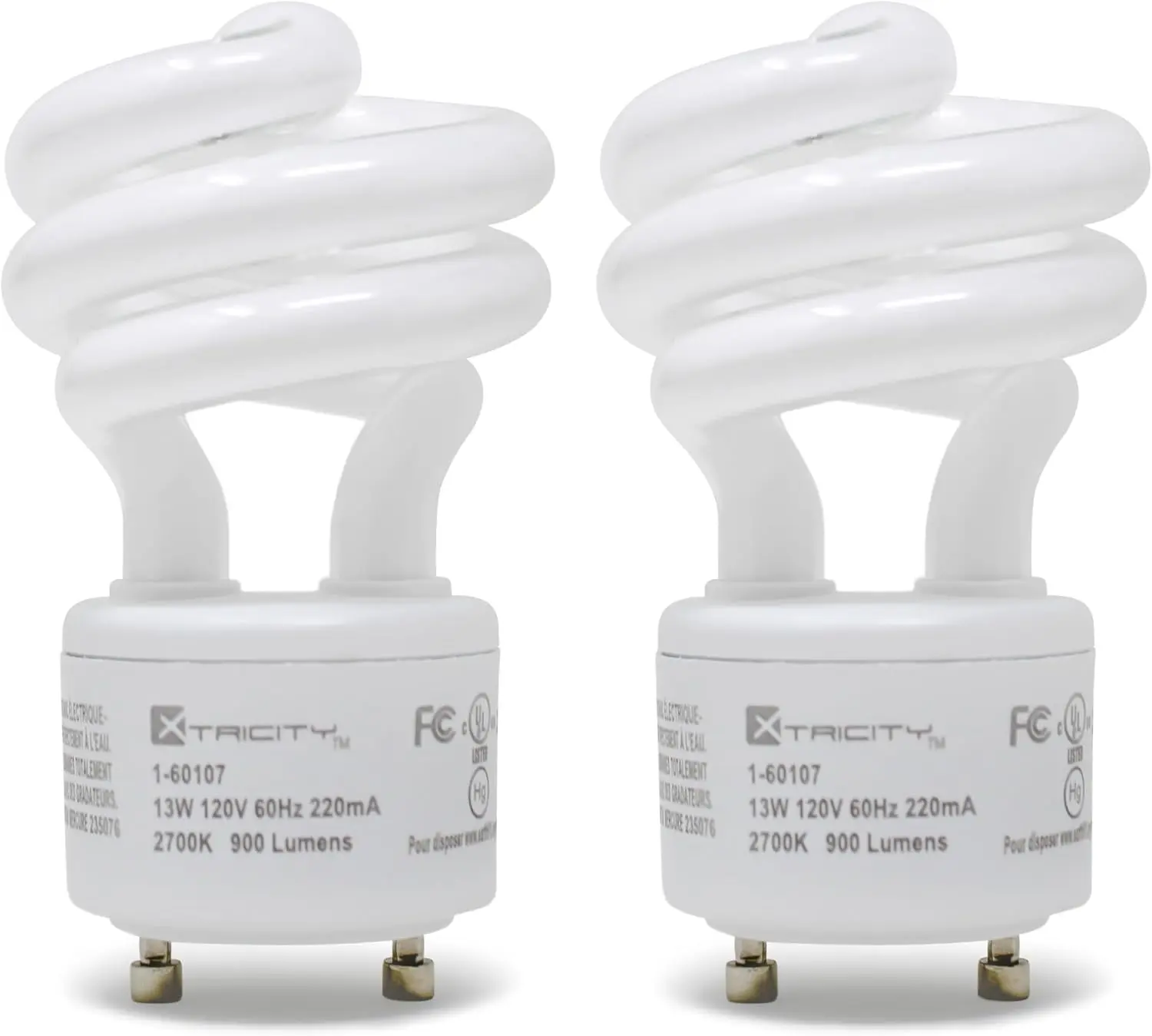 Compact Fluorescent GU24 2 Prong Light Bulb Base, T2 Mini Spiral, 13W (60 Watt Equivalent), 2700k Soft White, 900 Lumens, CFL, 120V, UL Listed (2 Pack)