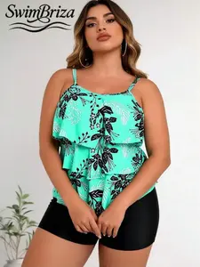 Briza｜Ruffle Tankini With Shorts In Mint Floral As A Tankini Swimsuits Set And Tankini Suit And Swimsuit For Women, Plus Size Swimwear For Plus Size Swimsuits And Plus Sized Bathing Suits For Women With Tummy Control Swimwear For Pool Days