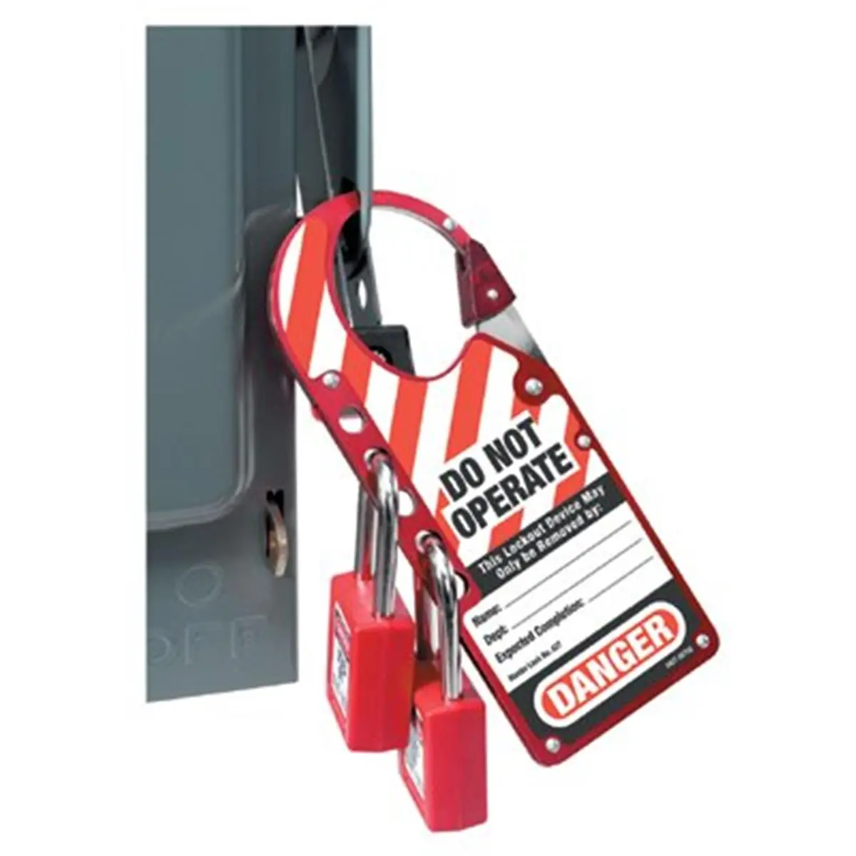 Master Lock 470-427 Red-Labelled Safety Lockout Hasp, 7 in x 2-7/8 in Aluminum Alloy Corrosion-Resistant Hasp for Industrial Users’ Lockout Duty, Compatible with Mechanical Keyed Padlocks, Works with Safety Tags, Corrosion-Resistance