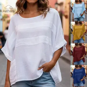 Aethera 2026 Summer New Women's Round Neck 3/4 Sleeve Casual Loose Tops European and American Style Soft Comfortable Breathable Basic Shirts Fashion Versatile Lightweight Blouses for Daily Leisure Vacation Streetwear
