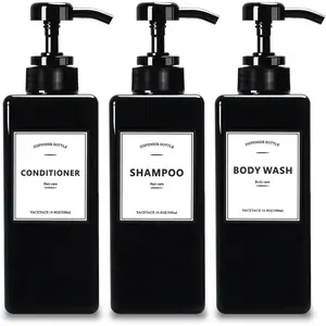 Black Shampoo Dispenser with Pump, 16.9oz Set of 3 Shampoo Bottles with Labels, Empty Refillable Shampoo and Conditioner Bottles, Body Wash and Soap Dispenser for Shower