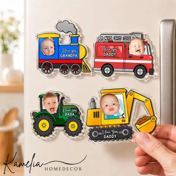 Personalized Car Kids Photo Fridge Acrylic Magnet, Kids Face With Truck Frame Magnet, Fathers Day Gift For Dad, Grandpa, Papa