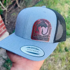 Fisher of Man, Matthew 4:19 Leather Patch on a Yupoong 6606 Classic SnapBack Hat Baseball Cap