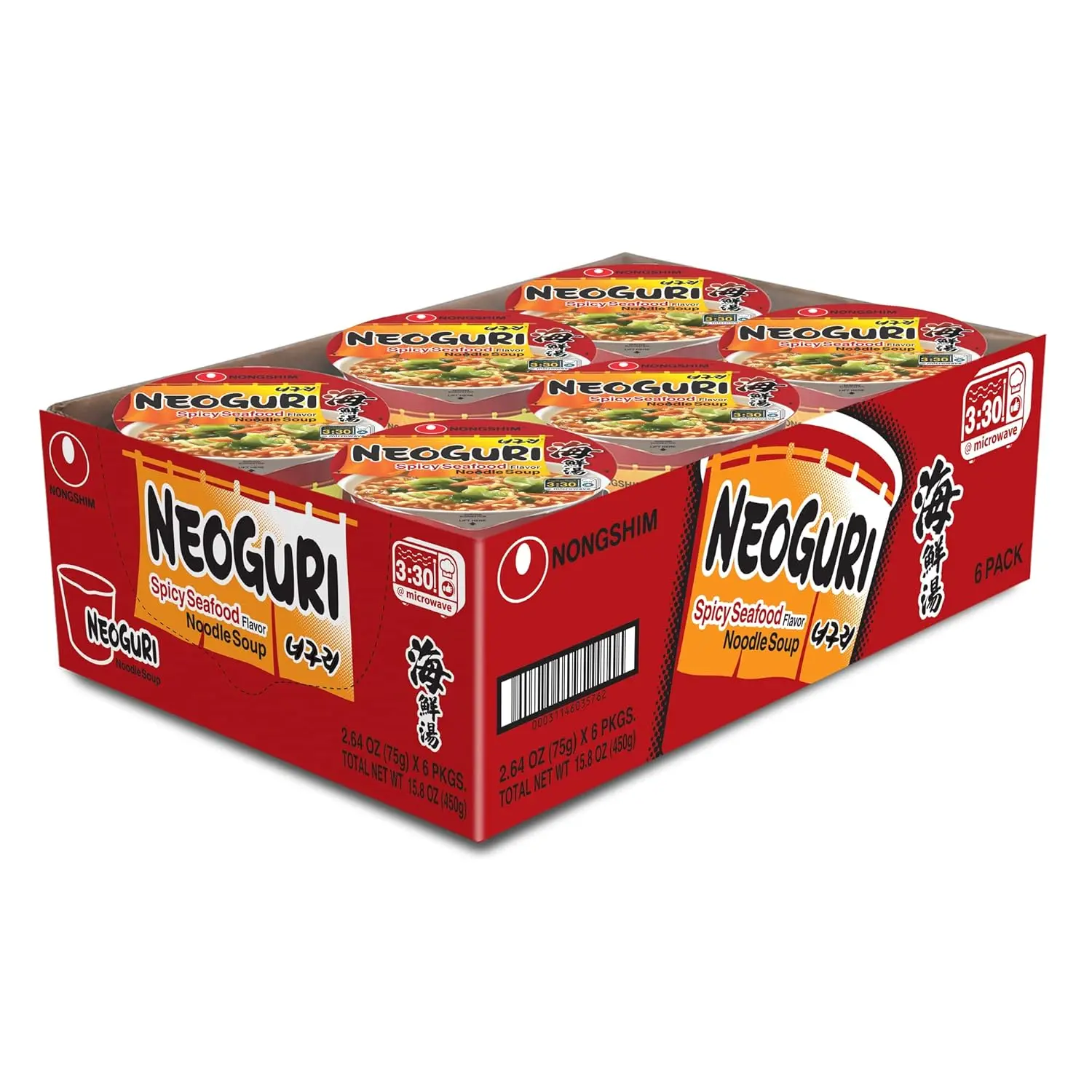 Nongshim Ramen Noodles, Gourmet Instant cup, Premium Microwavable Noodle Soup, Neoguri Spicy Seafood, 2.64 Ounce (Pack of 6)