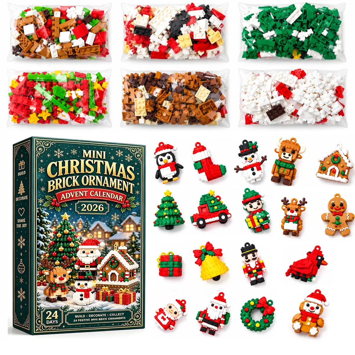 Christmas building blocks: 18 PVC pieces + 6 interlocking blocks - featuring 24 unique holiday designs, allowing for DIY creation of Christmas tree decorations and sock fillers