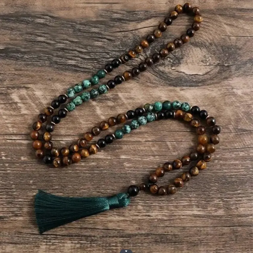 108 Bead Mala Necklace for Women - Natural African Turquoise, Obsidian, Tiger's Eye Protection Stone Jewelry with Tassel, Ideal for Mantras, Dispelling Fear and Anxiety, Beaded