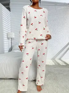 Women's Coral Fleece Pajama Set, Cute Cartoon Cherry Print, Long Sleeve Top & Pants, Warm Round Neck Sleepwear for Fall Winter, Pajamas Lounge Set