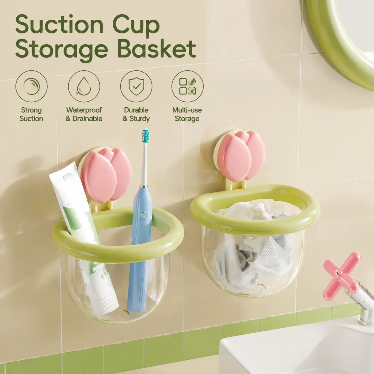 1-Piece Suction Cup Storage Basket, Strong Suction Waterproof Drainable Wall-Mounted Organizer, Toothbrush and Toothpaste Holder for Bathroom & Kitchen Small Toiletries
