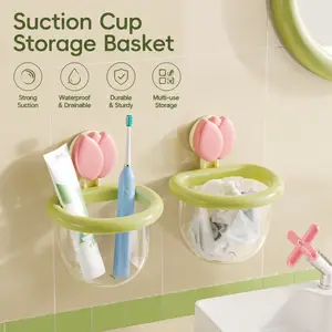 1 Piece Suction Cup Storage Basket, Strong Suction Waterproof Drainable Wall Mounted Organizer for Bathroom Storing Toothbrush Toothpaste and Small Toiletries