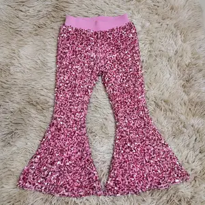 Pink elastic waist sequin flare pants with lining girls boutique bottoms
