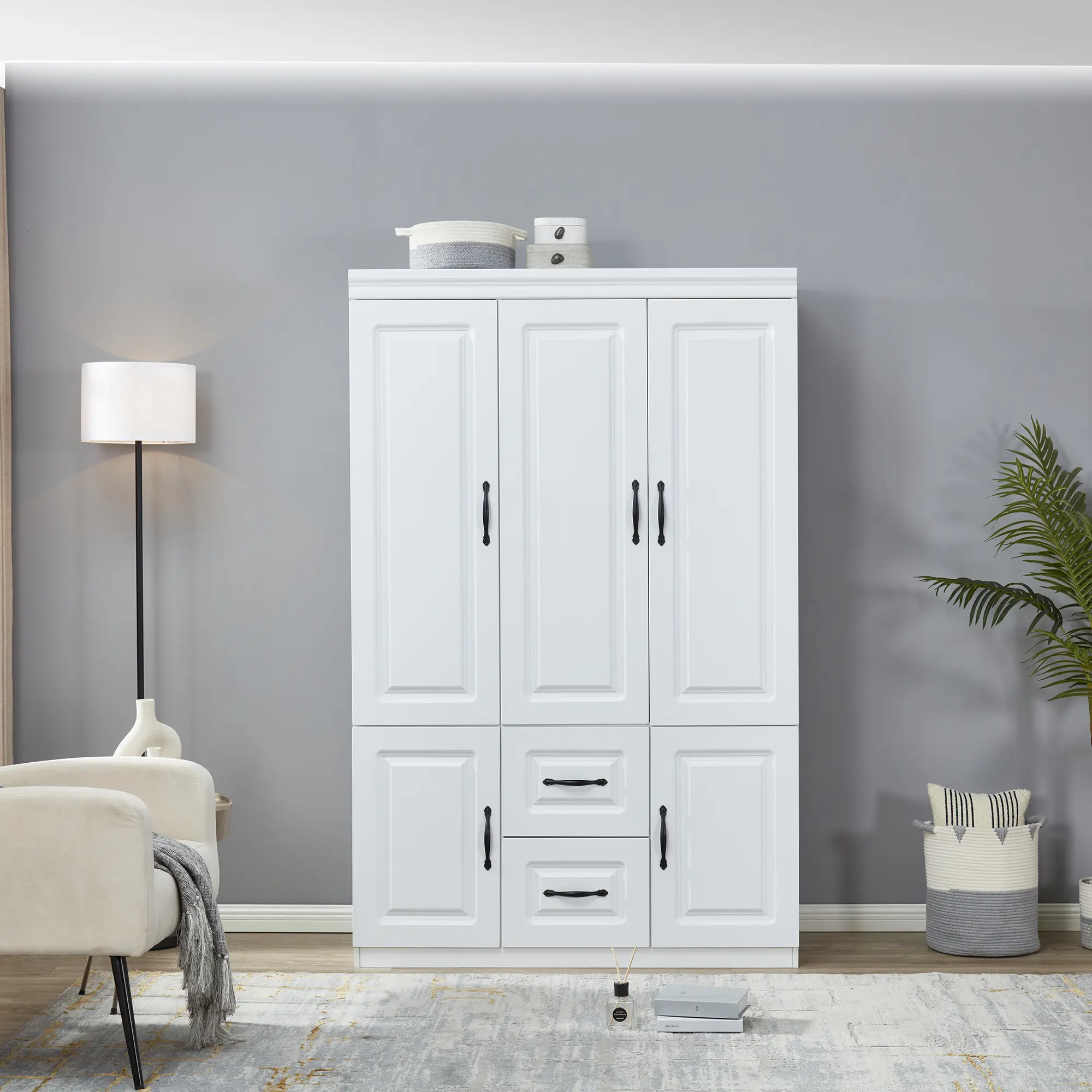 LivelyLodge 74''H White Armoire Wardrobe Closet with 3 Doors and 2 Drawers