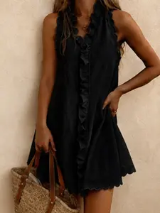 Women's Ruffle Mini Dress, Solid, Summer Sleeveless V Neck Beach Sundress, Casual Vacation Loose Fit Short Shift Tank Dress, All Seasons