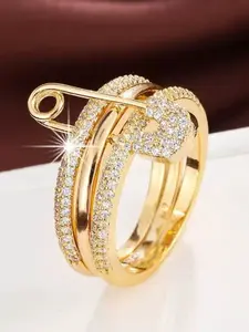 Elegant Copper Zirconia Ring, Three-Tier Pin Design, Geometric Pattern, Unisex Punk Style, Casual Party Accessory, All Seasons