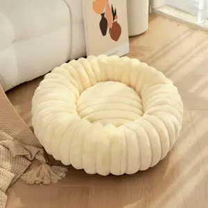 Ribbed Plush Donut Pet Bed - Calming Fluffy Round Cat & Dog Bed - Cozy Striped Fur Nest Bed for Deep Sleep - Anti-Slip Bottom Pet Furniture for Indoor Pets - Decorative Pet Supplies