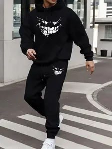 Autumn and winter set, new "smiley" pattern letter print autumn and winter multi-color set, pullover hooded sweatshirt, kangaroo pocket drawstring elastic trousers, daily casual fashion sports men's warm suit, Fall outfit