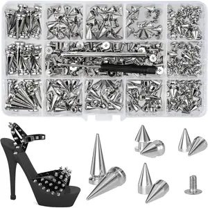 360 count Punk Spikes and Studs Kit, Multiple Size Cone Spikes for Clothes, Punk Rock Style Studs and Spikes for DIY Leathercraft Decoration, Suitable for Clothing,  Collars, Belts, Bags (15.53oz)