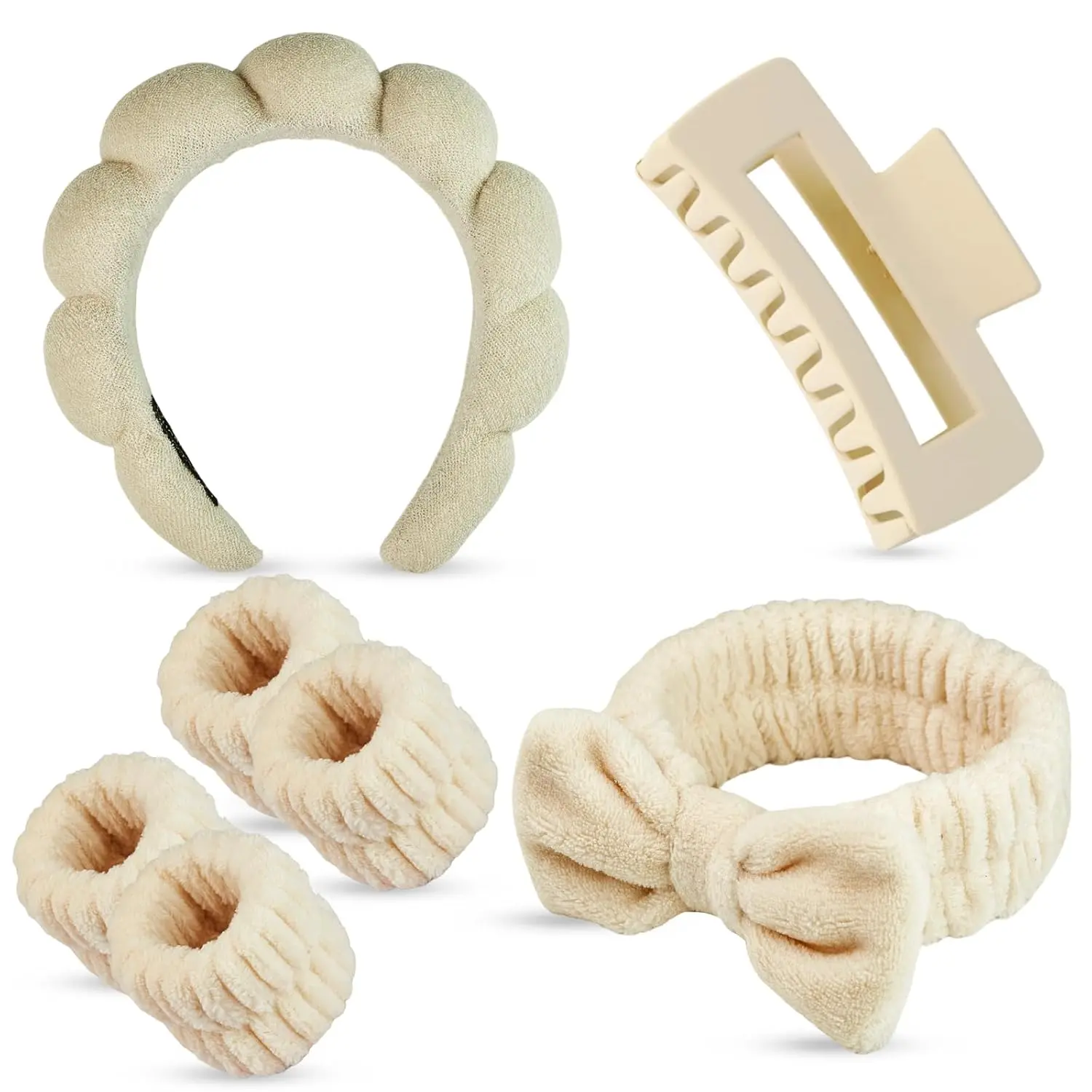 Women's 7-Pcs HBA1 Spa Hair Accessory Set - Khaki Plastic Headband with Internal Teeth, Wristbands, Hair Clip, Makeup & Facial Cleansing Tools, Great Elasticity, Bridal Parties Gift, College Style Use