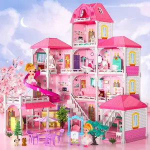 Doll House, DIY Dollhousel Toys with Dolls, Pets and Furniture Accessories, Pretend Play Castle House Toys Christmas Birthday Gifts Bedroom Kitchen Garden Patio