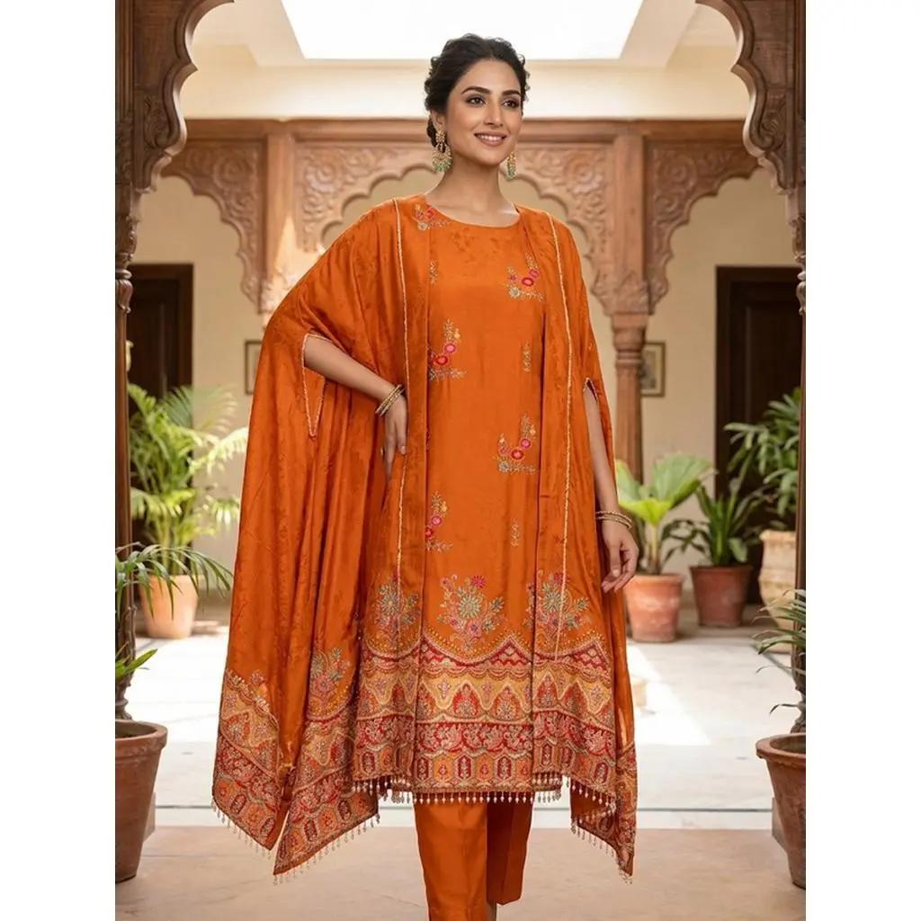 Women's 3-Piece Rust Orange Embroidered Kurta Set Festive Ethnic Tunic Suit with Flowing Dupatta & Beaded Tassel Trim M-XXL