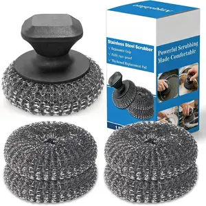 5-Pack Steel  , Stainless Steel  Wire Sponge Pads with Handle, Pan Cleaning  for Scouring Stubborn Messes from Cast Iron, Frying Pan, Oven, Grill, Heavy Duty Pot Scrub