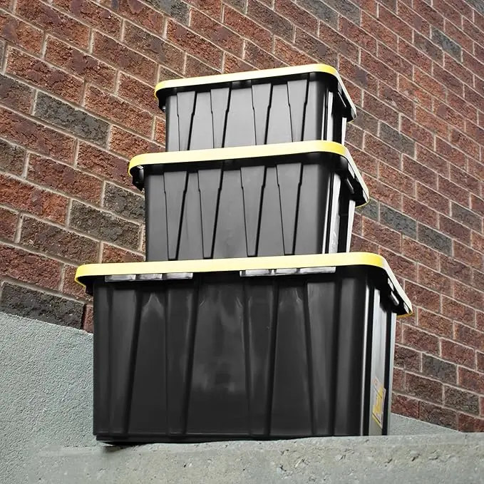 HDX 27 gal. Durable Strong Box Plastic Tote, Black and Yellow Organiser, General Purpose Tote with Lid, Storage Bin