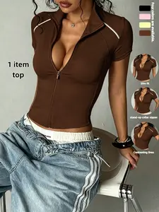 Stand Collar Zipper Short Sleeve Yoga Top, Sporty Fitted Design, Quick-Dry Material, Ideal for Fitness & Running