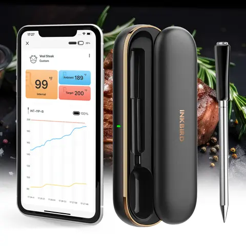 INKBIRD Stainless Steel Bluetooth Wireless Meat Thermometer, Waterproof, Temperature Alarm, Ceramic, PVC, Plastic, USDA Menus Compatible, Single Unit Kitchen Utensil for Barbecue Grill Cooking