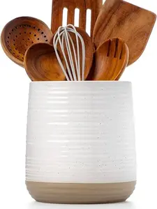 6.8" Large Ceramic Kitchen Utensil Holder - Utensil Holder for Kitchen Counter, Modern Farmhouse Style Holder for Spoons, Spatulas & Cooking Tools (White)