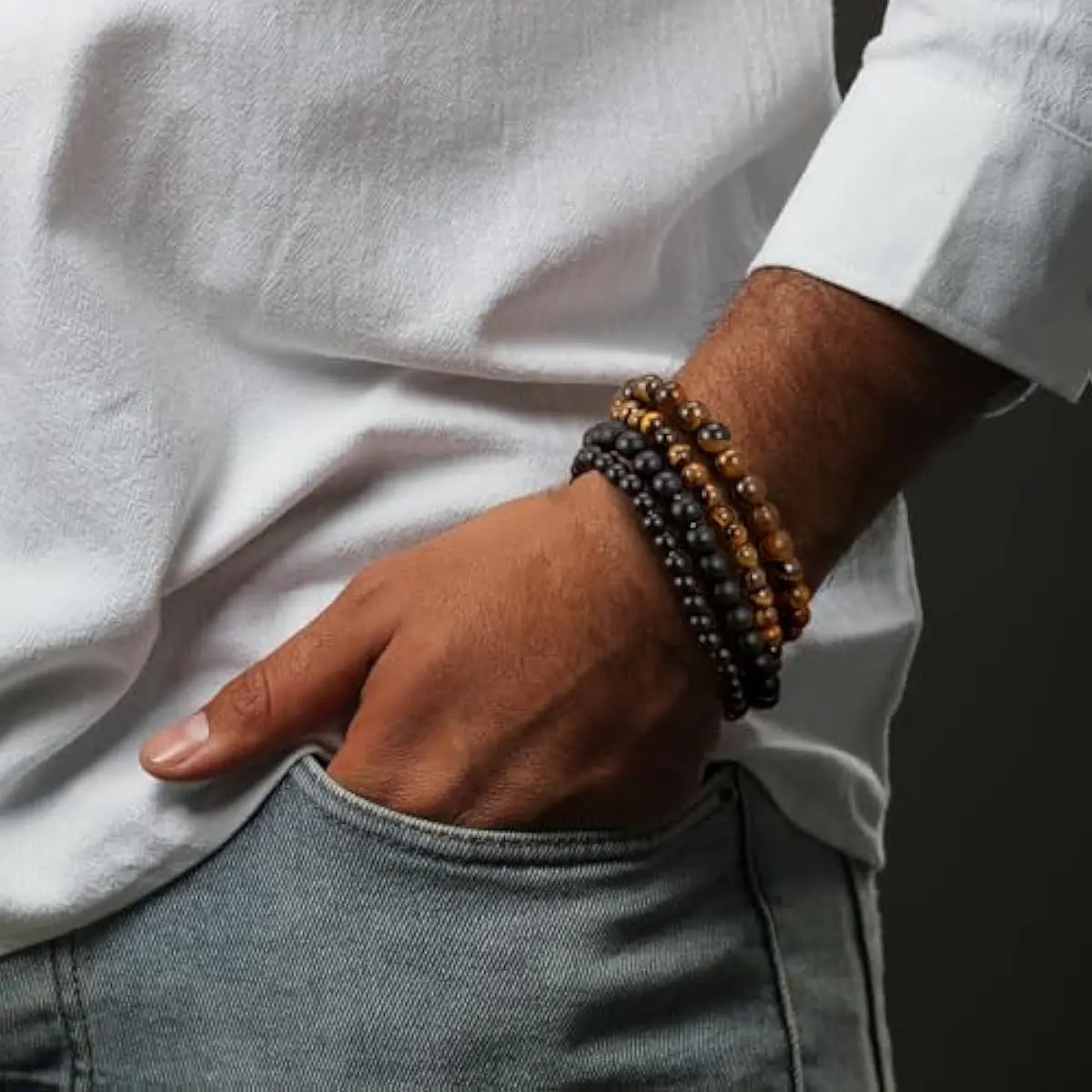 Mens Bead Bracelet Set - Adjustable Elastic Rope With 6&8MM Natural Stone Multi-Colored Beads - Tiger Eye Bracelets for Men - Gift Mens Bead Bracelet Set - Adjustable Elastic Rope With 6&8MM Natural Stone Multi-Colored Beads - Tiger Eye Bracelets for Men - Gift