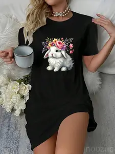 Easter Bunny with Floral Flower Crown Cute Women Dress