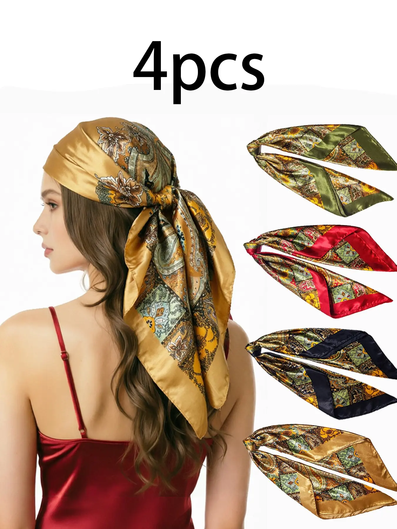 4pcs 90*90cm Luxury Design Silk Like Bandanas, Paisley Pattern Fitted Casual Style, Large Square Head Scarves for Women, Vintage Print Headscarves