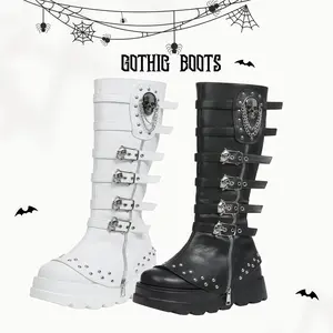 Women's Platform Knee High Gothic Boots Chunky High Heel Round Toe Lace Up Combat Punk Motorcycle Boots for Girl Black White Walking Shoes - Footwear Stylish