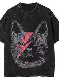 1 men's washed and worn short sleeved Casual Graphic T-shirt, featuring David Bowie's classic elements. The design combines a cat image with David Bowie's iconic lightning makeup from the "Ziggy Stardust" era