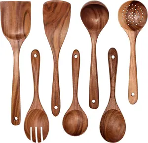 Wooden Non-Stick Kitchen Pan Toolset - 7 Pieces Set with Spatula, Spoons, Fried Spatula & Salad Fork - 100% Natural Teak Utensils Kitchenware Cooking