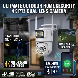 360 PTZ 4K Dual Lens No Blind Spots Outdoor Security Camera with 64GB SD Card Colorful Night Vision Two Way Speaker Audio Wireless Surveillance Remote Monitoring Local Coverage Cable