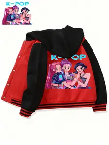 Teen Boys Girls Graphic Baseball Jacket, Letter Print Jacket, Huntrix Hooded Sweatshirt, Christmas Halloween Clothing, Outdoor Sports Wear