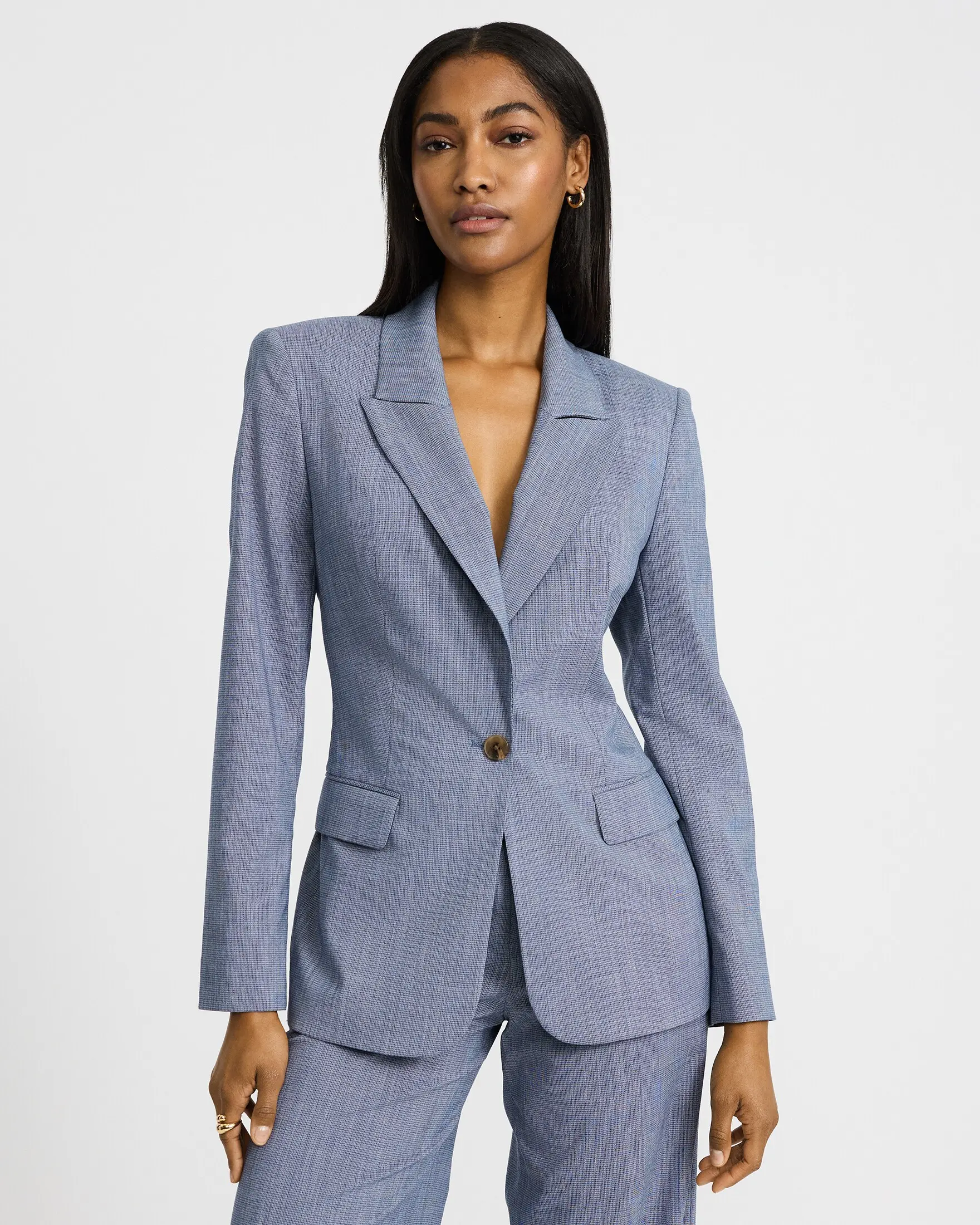 Express Lightweight Textured Long Slim One Button Blazer