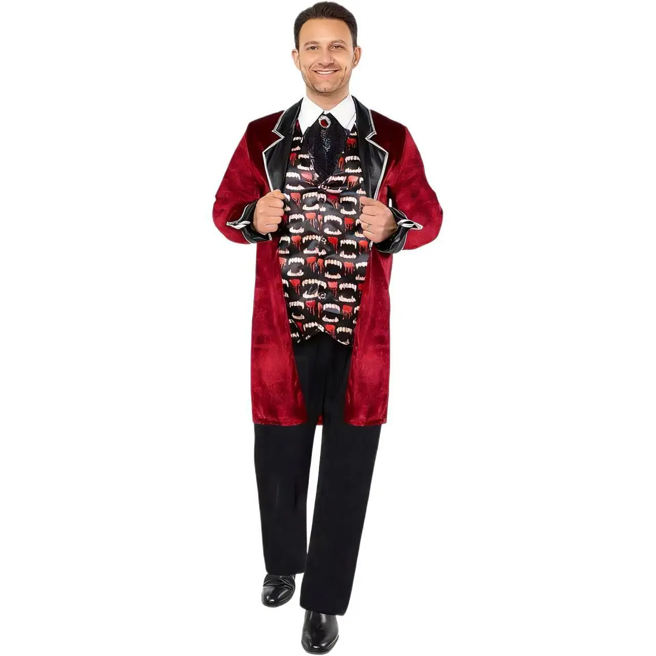 Men's Gothic Vampire Full Costume Set - Red Velvet Victorian Long-Coat, Satin Vest with Vampire Teeth Print, Polyester Fitted All-Season Outfit with Adjustable Strap, Spot Clean for Halloween, Valentine's Day, Easter, Chinese New Year Cosplay