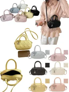 Soft Plaid Mini Bag, Sweet Style Essential, PU Material, Heart Stitch Design, Adjustable Strap, Butterfly Charm, Multiple Colors