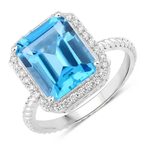 5.68 Ct Genuine Swiss Blue Topaz and Lab Diamond Silver Halo Statement Ring