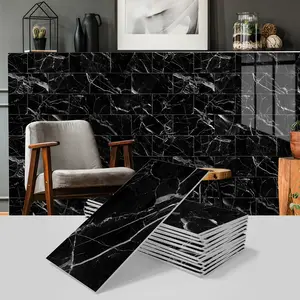16/32 Pieces Black Marble Tile PVC Composite Wall Tile Sticker Peel Stick Backsplash on Backsplash Thickened Foam Tile for Kitchen Bathroom, Laundry Room, Fireplace Removable Decals 4 Inch x 8 Inch